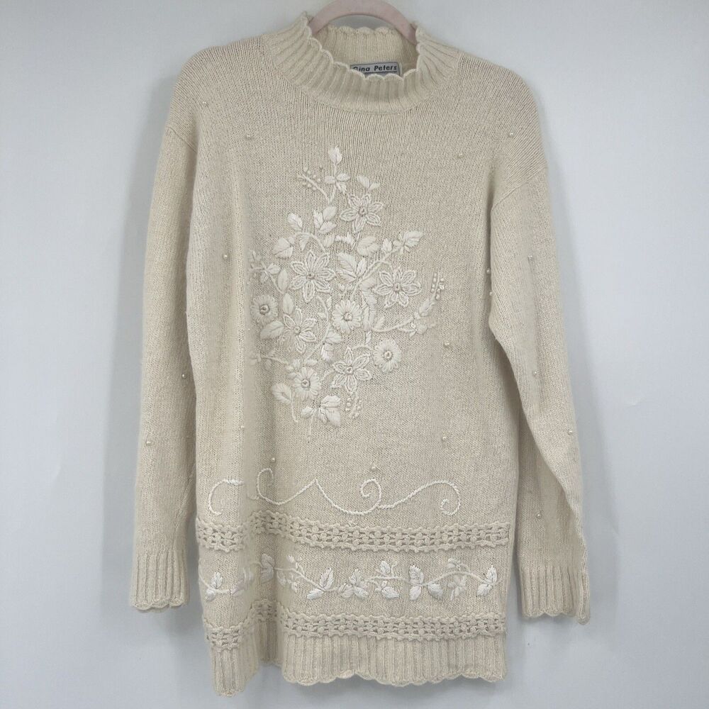 Vintage Gina Peters Ivory Pearl Embossed Crochete Sweater Medium Floral Detail